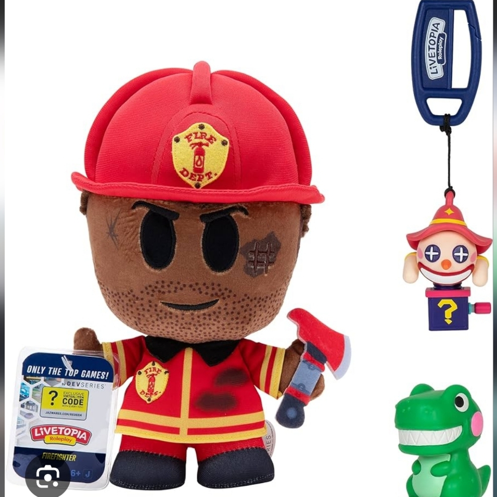 Topia Red and Black Stuffed Firefighter plus two extra toys Collection